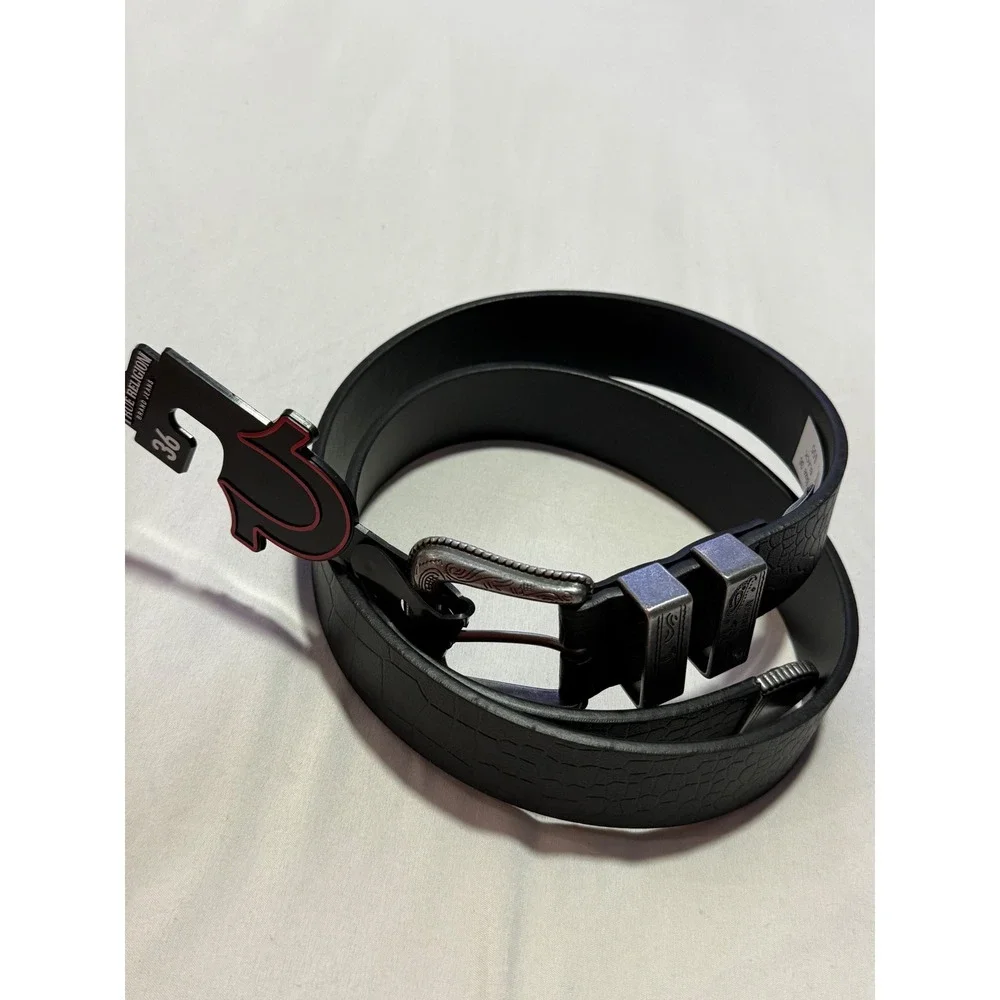 True Religion Palomo Western Belt Black‎ Croc Embossed Silver Buckle Size 36 NWT